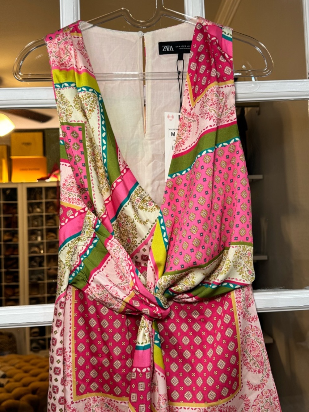 Zara Pink Multicolor patchwork, print dress satin V-neck - Picture 3 of 7